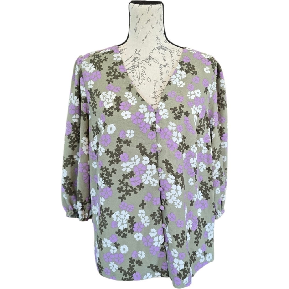 M & S Collectons Floral Lavender Olive Green 3/4 Sleeve Blouse 8 - Picture 2 of 12